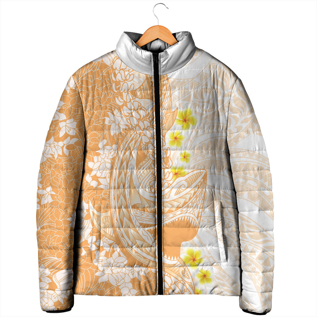 Orange Hawaii Shark Tattoo Padded Jacket Puakenikeni Lei Plumeria Polynesian Pattern LT14 - Polynesian Pride