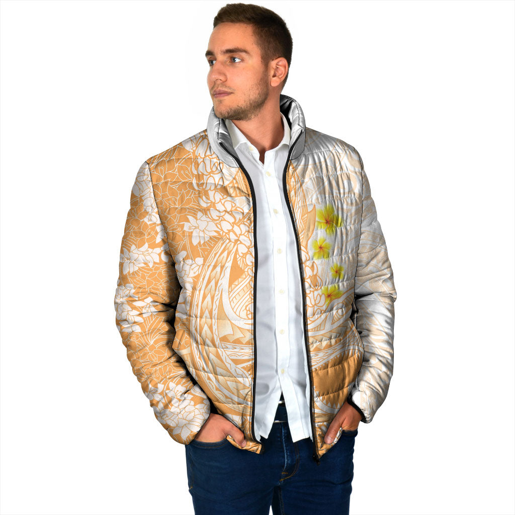 Orange Hawaii Shark Tattoo Padded Jacket Puakenikeni Lei Plumeria Polynesian Pattern LT14 - Polynesian Pride