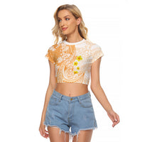 Orange Hawaii Shark Tattoo Raglan Cropped T Shirt Puakenikeni Lei Plumeria Polynesian Pattern LT14 Female Orange - Polynesian Pride