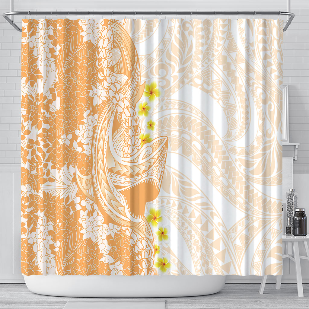 Orange Hawaii Shark Tattoo Shower Curtain Puakenikeni Lei Plumeria Polynesian Pattern