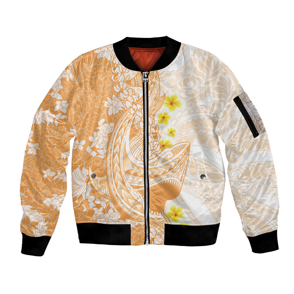 Orange Hawaii Shark Tattoo Sleeve Zip Bomber Jacket Puakenikeni Lei Plumeria Polynesian Pattern