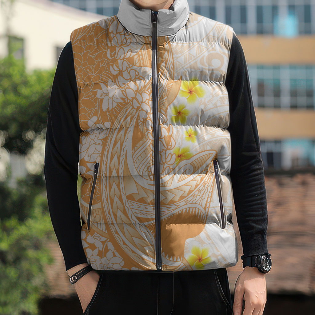 Orange Hawaii Shark Tattoo Sleeveless Puffer Jacket Puakenikeni Lei Plumeria Polynesian Pattern
