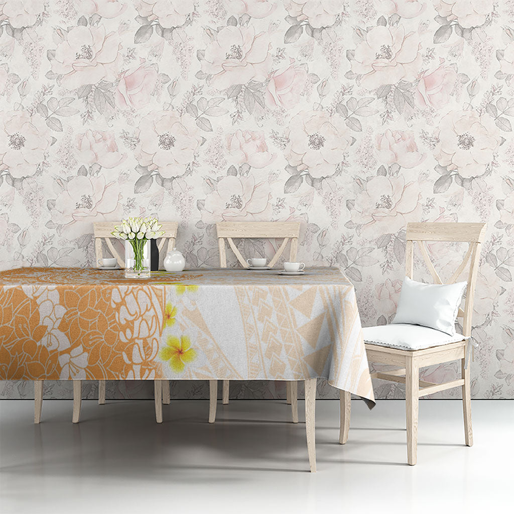 Orange Hawaii Shark Tattoo Tablecloth Puakenikeni Lei Plumeria Polynesian Pattern