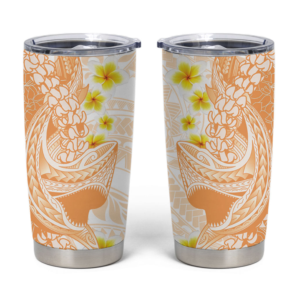 Orange Hawaii Shark Tattoo Tumbler Cup Puakenikeni Lei Plumeria Polynesian Pattern