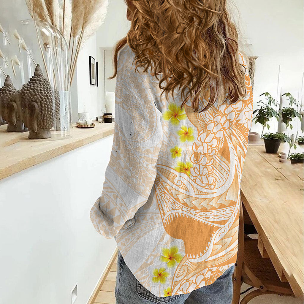 Orange Hawaii Shark Tattoo Women Casual Shirt Puakenikeni Lei Plumeria Polynesian Pattern
