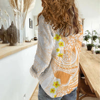 Orange Hawaii Shark Tattoo Women Casual Shirt Puakenikeni Lei Plumeria Polynesian Pattern