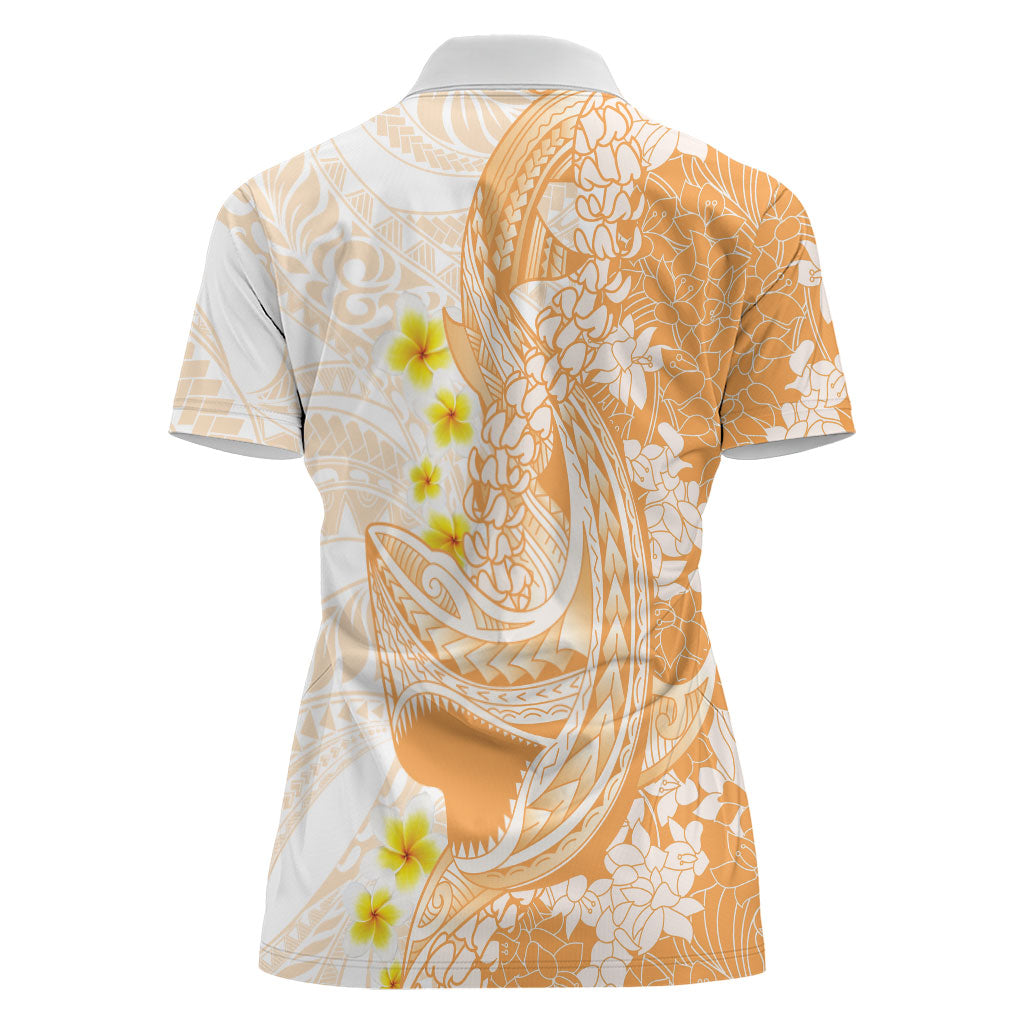 Orange Hawaii Shark Tattoo Women Polo Shirt Puakenikeni Lei Plumeria Polynesian Pattern