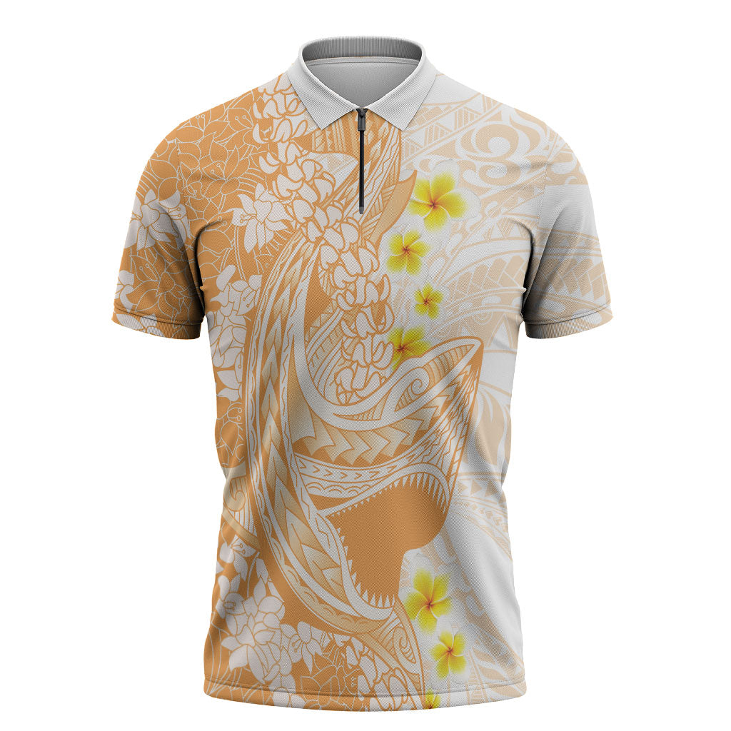 Orange Hawaii Shark Tattoo Zipper Polo Shirt Puakenikeni Lei Plumeria Polynesian Pattern