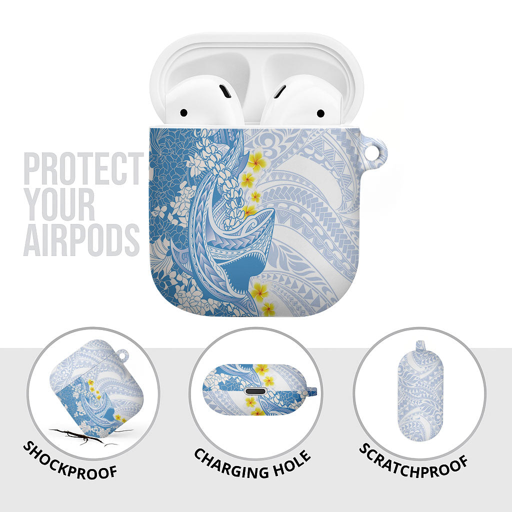 Blue Hawaii Shark Tattoo AirPods Case Puakenikeni Lei Plumeria Polynesian Pattern