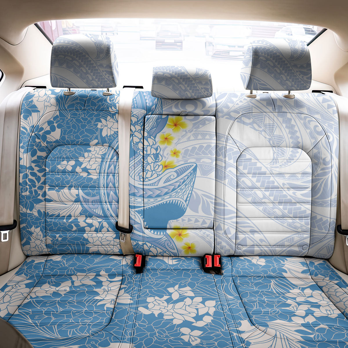 Blue Hawaii Shark Tattoo Back Car Seat Cover Puakenikeni Lei Plumeria Polynesian Pattern