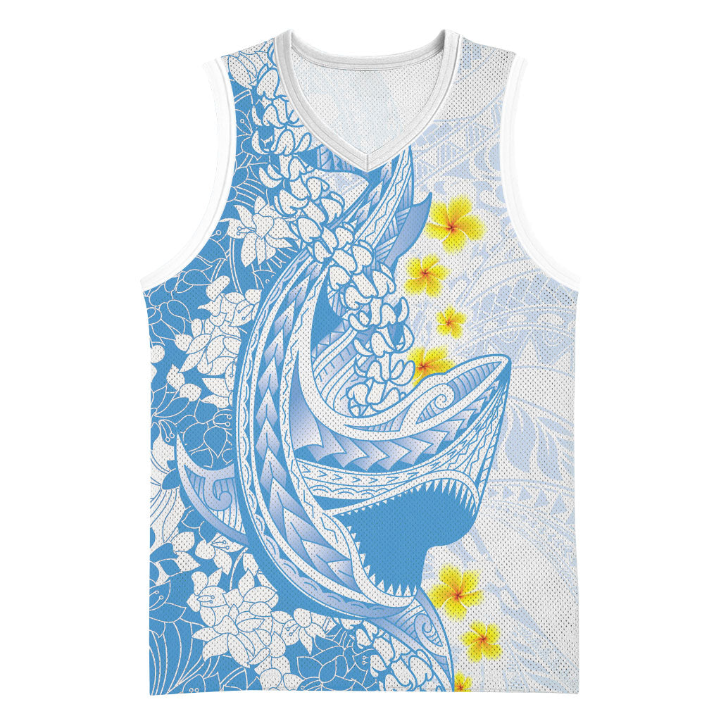 Blue Hawaii Shark Tattoo Basketball Jersey Puakenikeni Lei Plumeria Polynesian Pattern