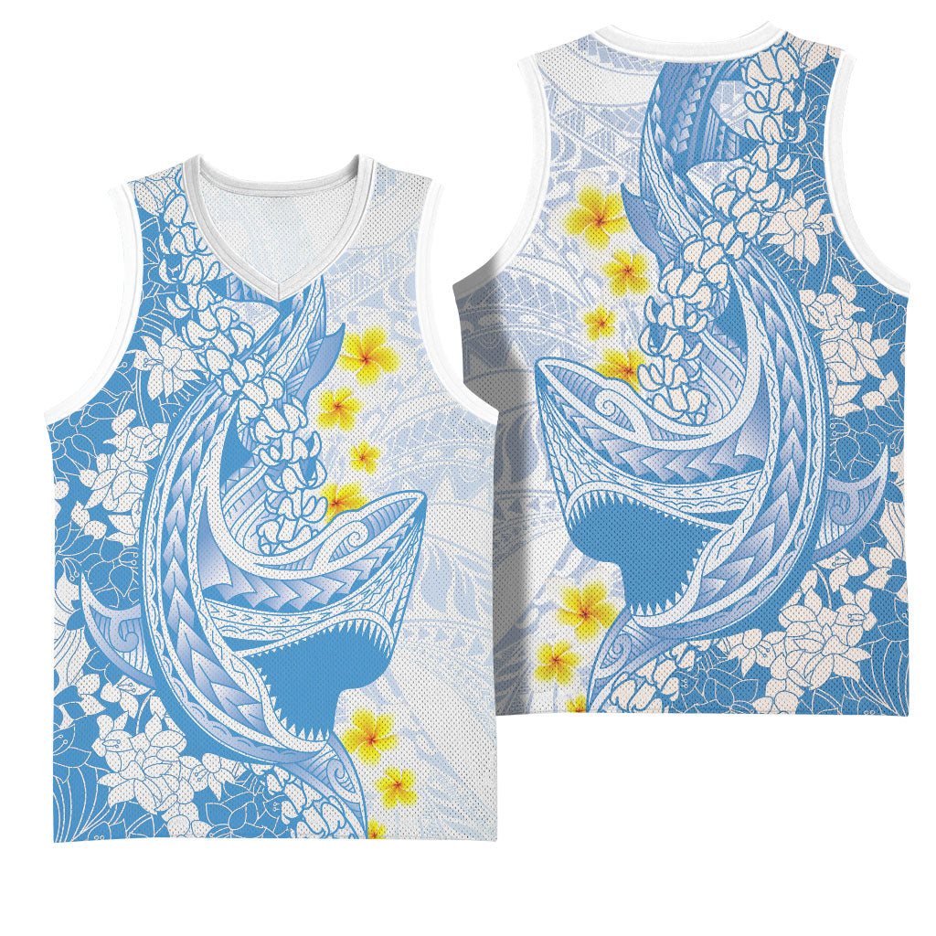Blue Hawaii Shark Tattoo Basketball Jersey Puakenikeni Lei Plumeria Polynesian Pattern