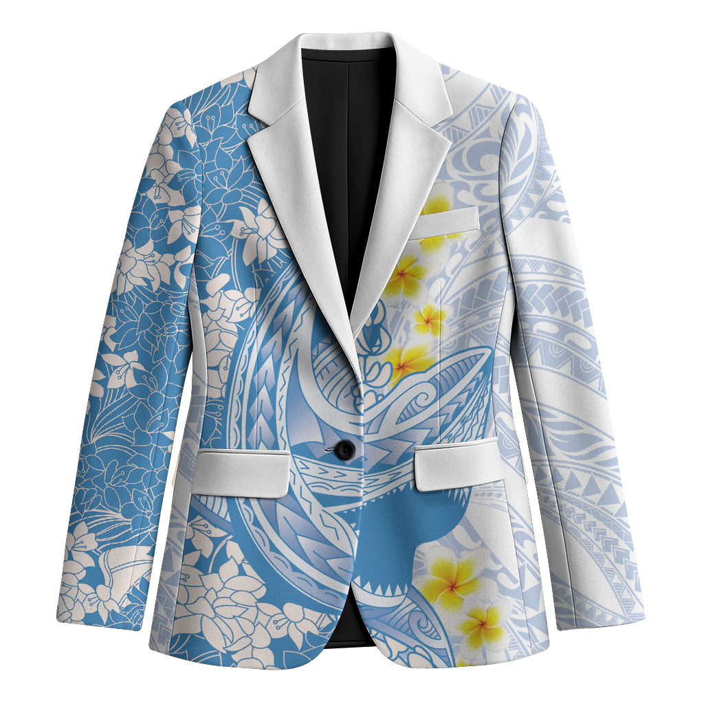 Blue Hawaii Shark Tattoo Blazer Puakenikeni Lei Plumeria Polynesian Pattern