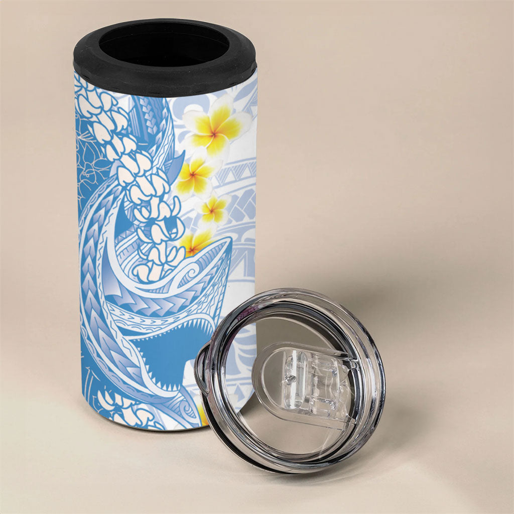 Blue Hawaii Shark Tattoo 4 in 1 Can Cooler Tumbler Puakenikeni Lei Plumeria Polynesian Pattern