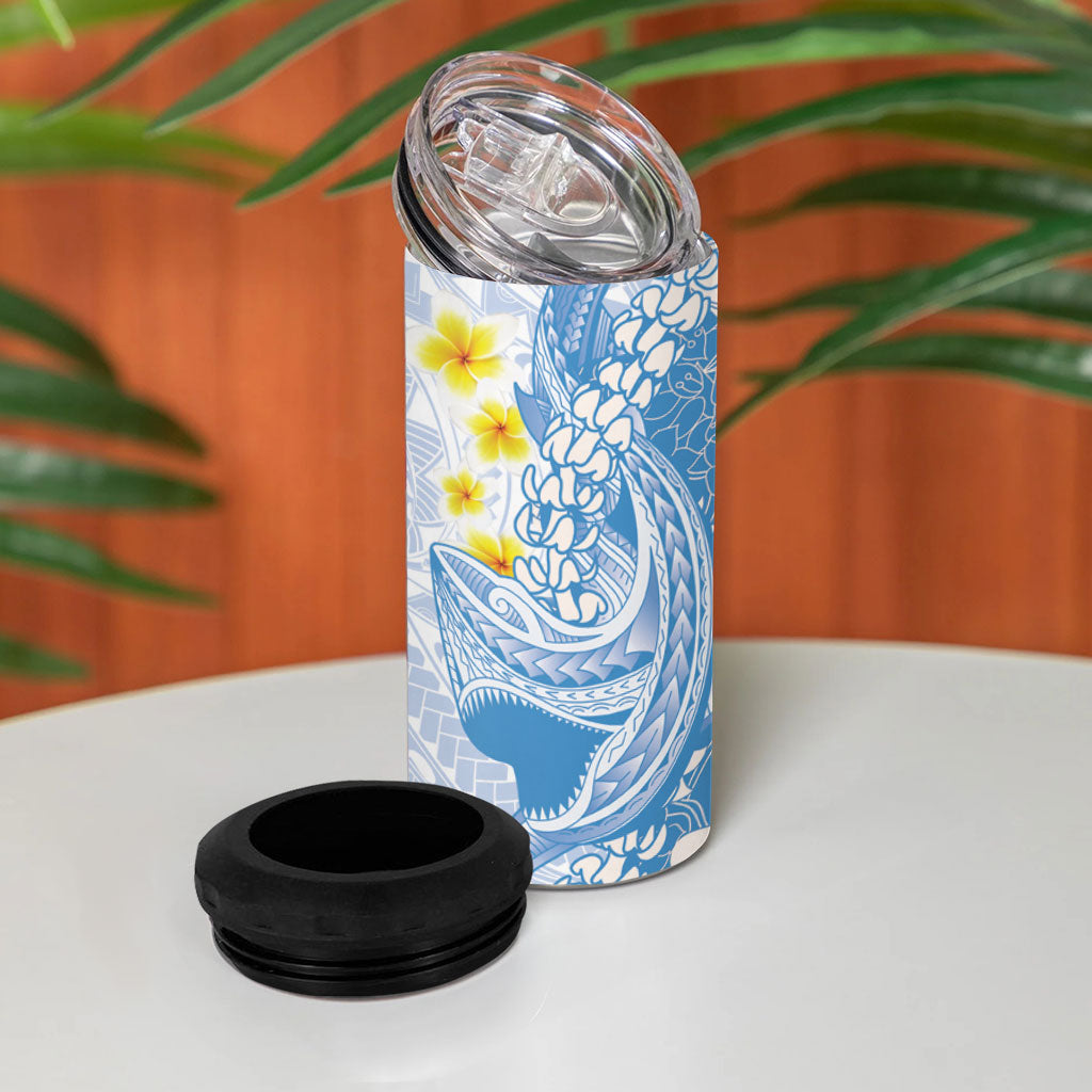 Blue Hawaii Shark Tattoo 4 in 1 Can Cooler Tumbler Puakenikeni Lei Plumeria Polynesian Pattern