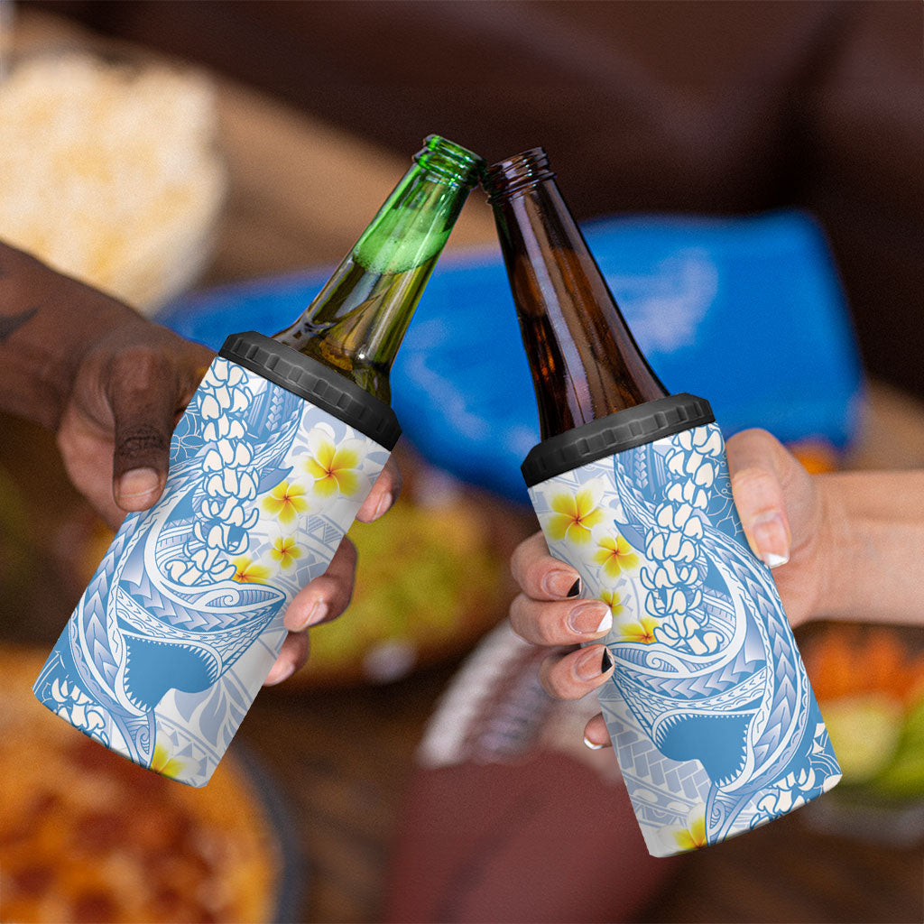Blue Hawaii Shark Tattoo 4 in 1 Can Cooler Tumbler Puakenikeni Lei Plumeria Polynesian Pattern