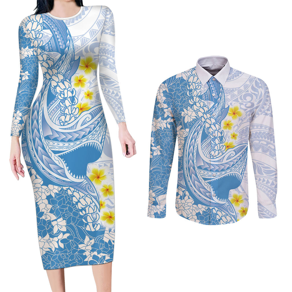 Blue Hawaii Shark Tattoo Couples Matching Long Sleeve Bodycon Dress and Long Sleeve Button Shirt Puakenikeni Lei Plumeria Polynesian Pattern LT14 Blue - Polynesian Pride