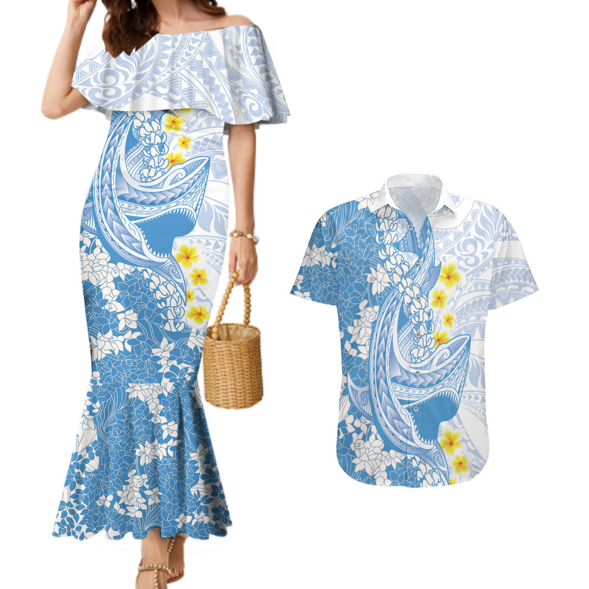 Blue Hawaii Shark Tattoo Couples Matching Mermaid Dress and Hawaiian Shirt Puakenikeni Lei Plumeria Polynesian Pattern LT14 Blue - Polynesian Pride