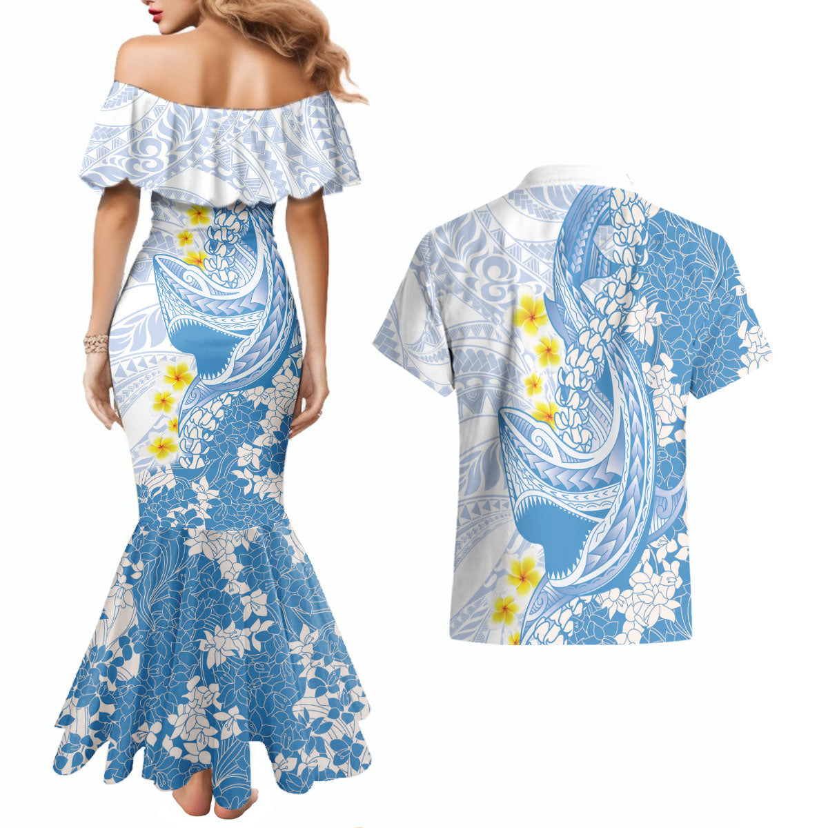 Blue Hawaii Shark Tattoo Couples Matching Mermaid Dress and Hawaiian Shirt Puakenikeni Lei Plumeria Polynesian Pattern LT14 - Polynesian Pride