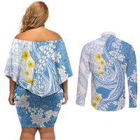 Blue Hawaii Shark Tattoo Couples Matching Off Shoulder Short Dress and Long Sleeve Button Shirt Puakenikeni Lei Plumeria Polynesian Pattern LT14 - Polynesian Pride