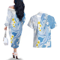 Blue Hawaii Shark Tattoo Couples Matching Off The Shoulder Long Sleeve Dress and Hawaiian Shirt Puakenikeni Lei Plumeria Polynesian Pattern LT14 - Polynesian Pride