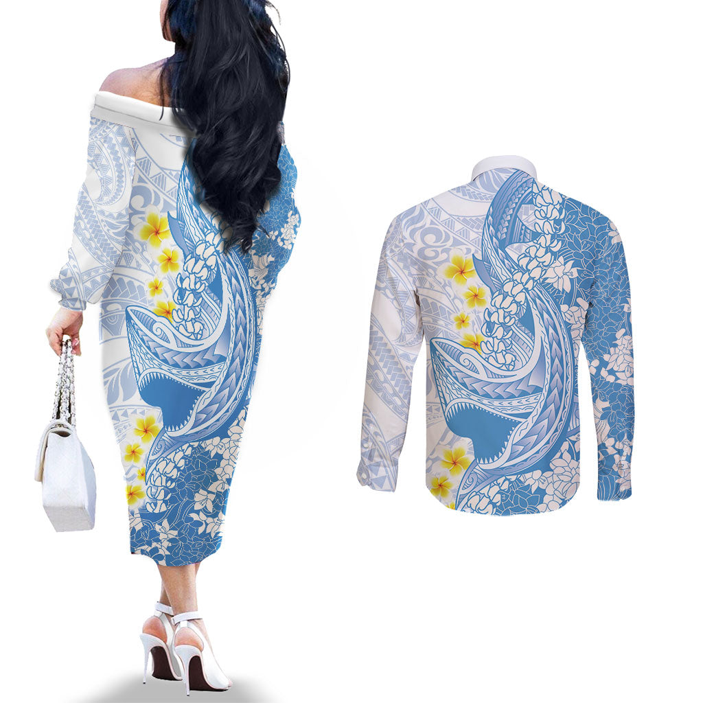Blue Hawaii Shark Tattoo Couples Matching Off The Shoulder Long Sleeve Dress and Long Sleeve Button Shirt Puakenikeni Lei Plumeria Polynesian Pattern LT14 - Polynesian Pride