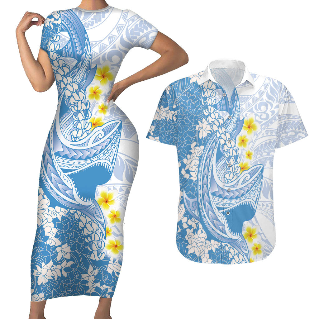 Blue Hawaii Shark Tattoo Couples Matching Short Sleeve Bodycon Dress and Hawaiian Shirt Puakenikeni Lei Plumeria Polynesian Pattern