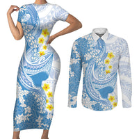 Blue Hawaii Shark Tattoo Couples Matching Short Sleeve Bodycon Dress and Long Sleeve Button Shirt Puakenikeni Lei Plumeria Polynesian Pattern LT14 Blue - Polynesian Pride