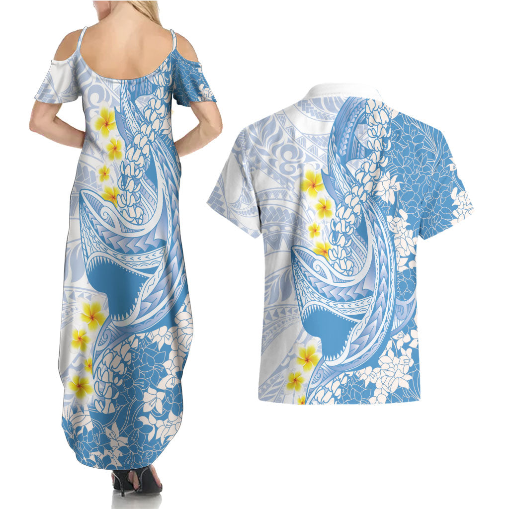 Blue Hawaii Shark Tattoo Couples Matching Summer Maxi Dress and Hawaiian Shirt Puakenikeni Lei Plumeria Polynesian Pattern