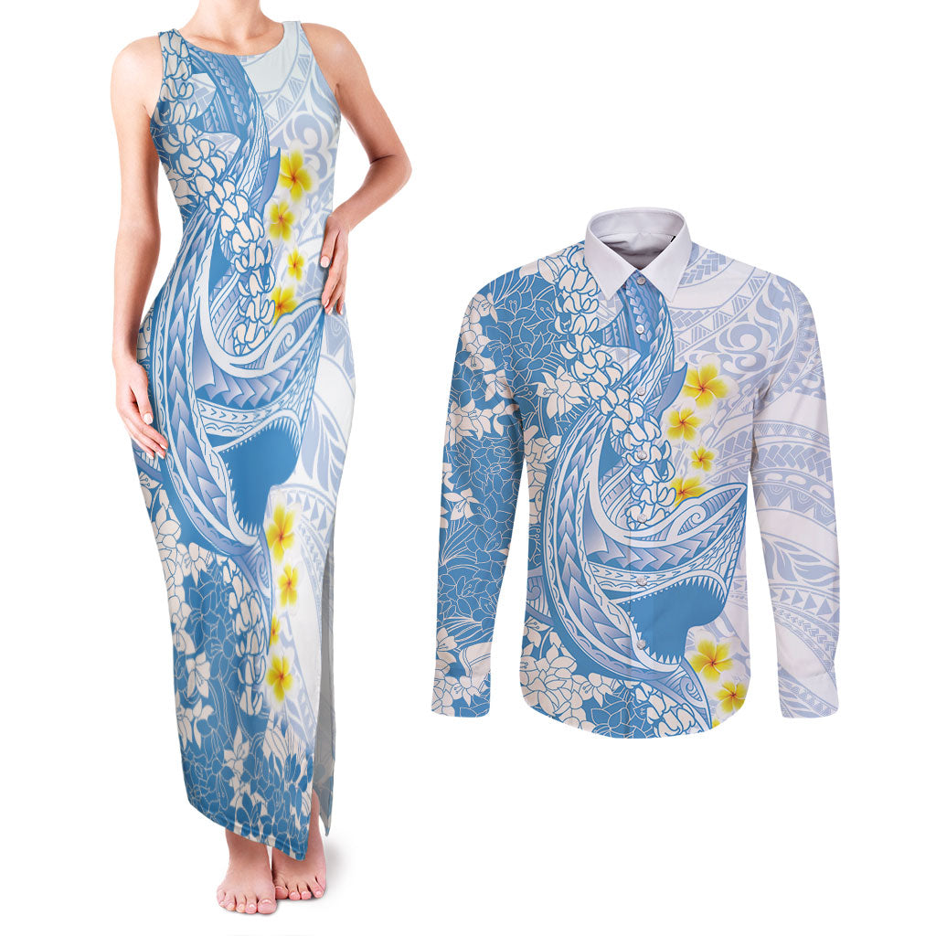 Blue Hawaii Shark Tattoo Couples Matching Tank Maxi Dress and Long Sleeve Button Shirt Puakenikeni Lei Plumeria Polynesian Pattern LT14 Blue - Polynesian Pride
