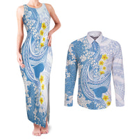 Blue Hawaii Shark Tattoo Couples Matching Tank Maxi Dress and Long Sleeve Button Shirt Puakenikeni Lei Plumeria Polynesian Pattern LT14 Blue - Polynesian Pride