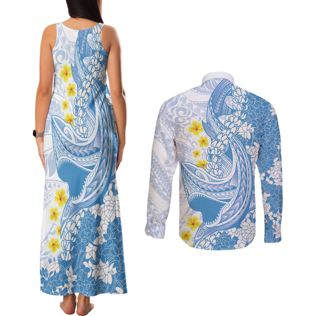 Blue Hawaii Shark Tattoo Couples Matching Tank Maxi Dress and Long Sleeve Button Shirt Puakenikeni Lei Plumeria Polynesian Pattern LT14 - Polynesian Pride