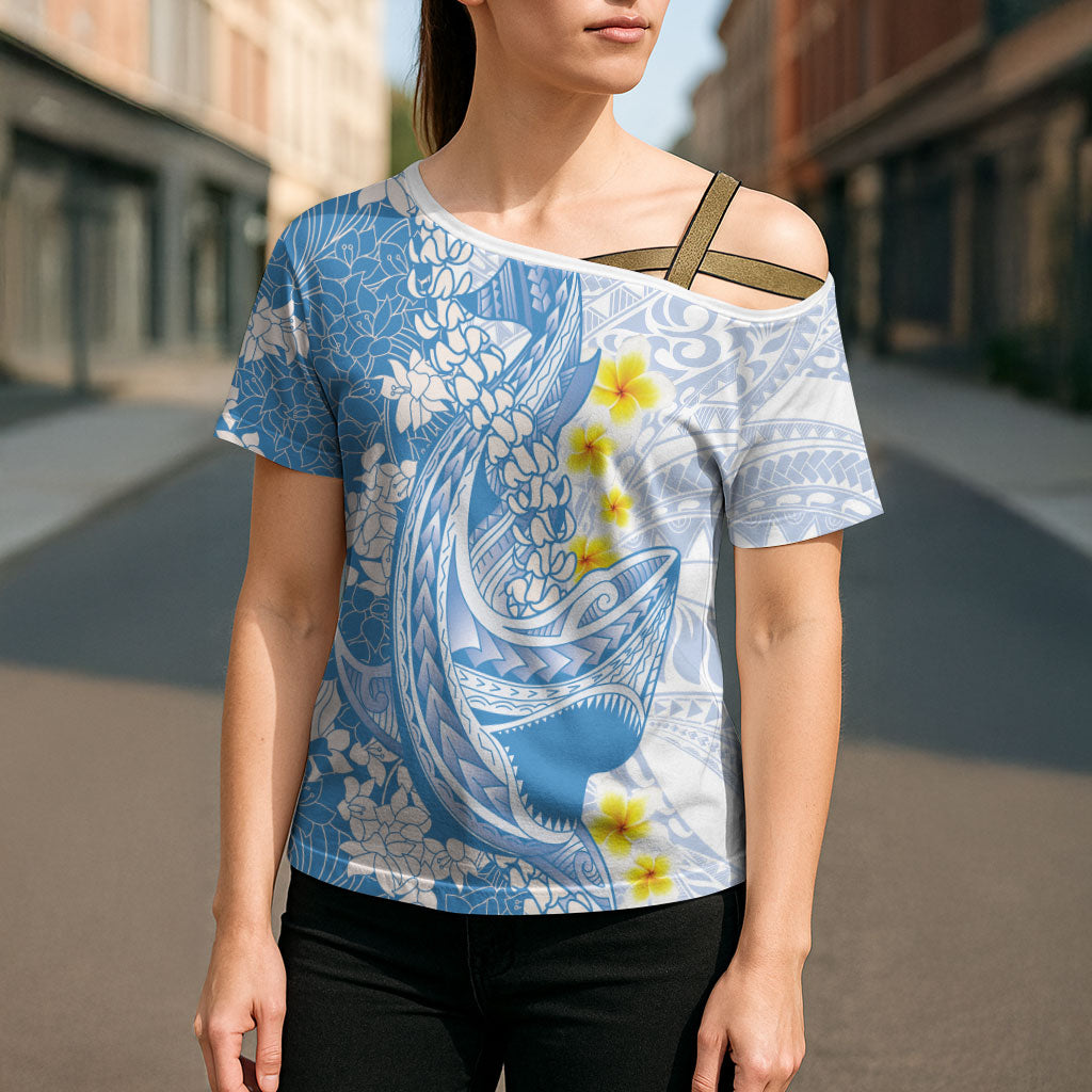 Blue Hawaii Shark Tattoo Cross Shoulder Shirt Puakenikeni Lei Plumeria Polynesian Pattern