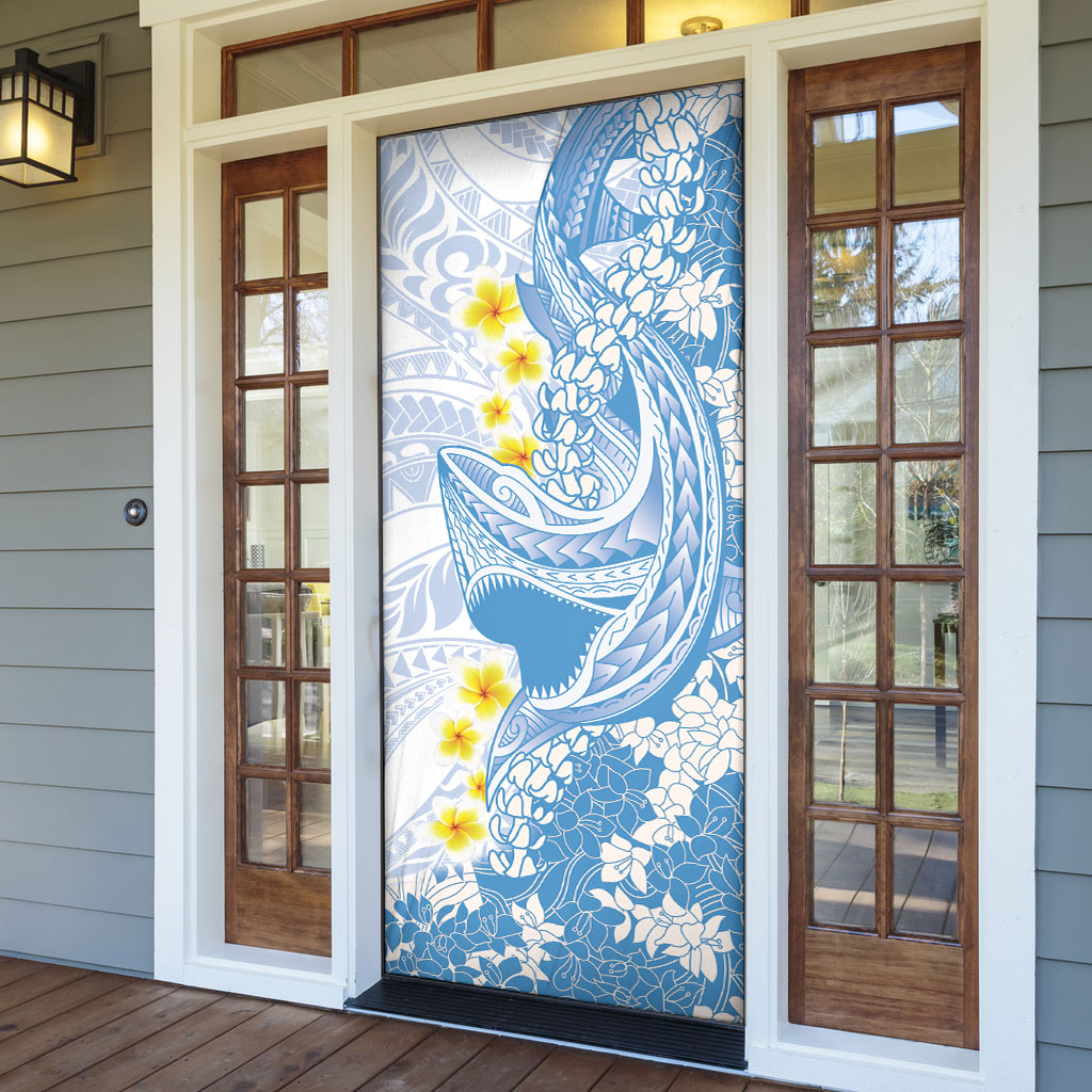 Blue Hawaii Shark Tattoo Door Cover Puakenikeni Lei Plumeria Polynesian Pattern