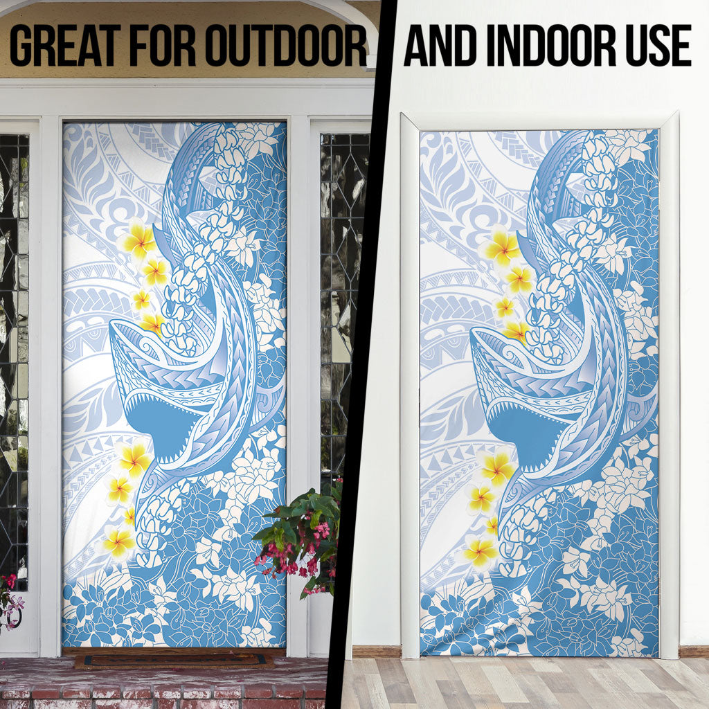 Blue Hawaii Shark Tattoo Door Cover Puakenikeni Lei Plumeria Polynesian Pattern