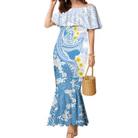 Blue Hawaii Shark Tattoo Family Matching Mermaid Dress and Hawaiian Shirt Puakenikeni Lei Plumeria Polynesian Pattern LT14 Mom's Dress Blue - Polynesian Pride
