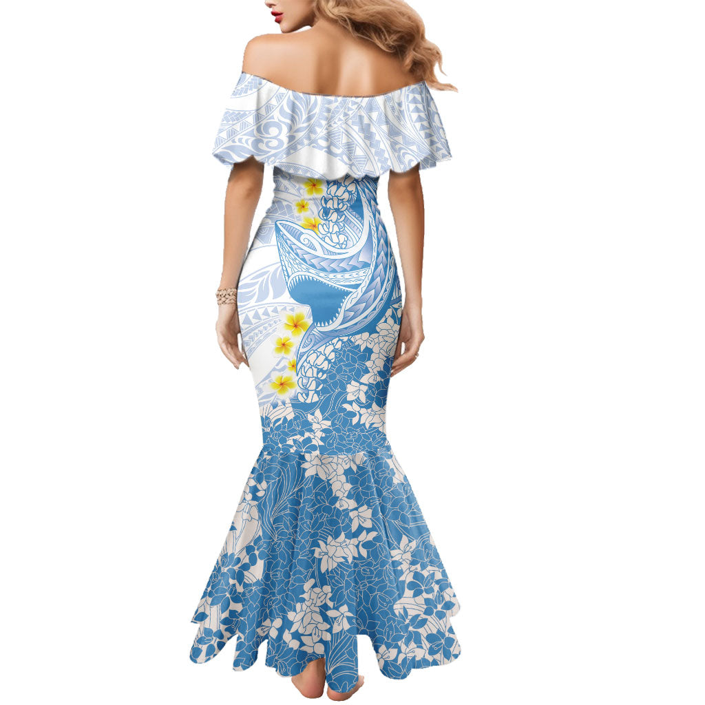 Blue Hawaii Shark Tattoo Family Matching Mermaid Dress and Hawaiian Shirt Puakenikeni Lei Plumeria Polynesian Pattern LT14 - Polynesian Pride