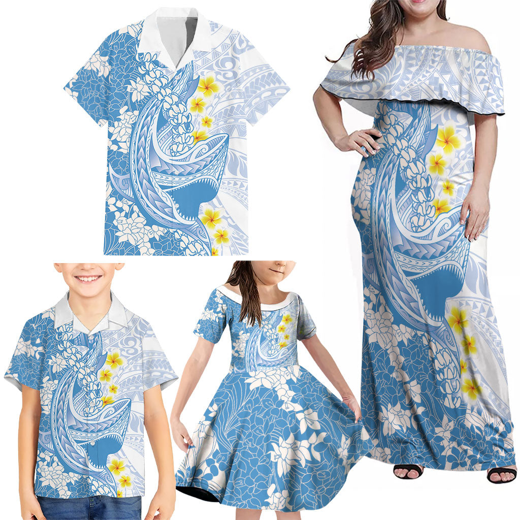 Blue Hawaii Shark Tattoo Family Matching Off Shoulder Maxi Dress and Hawaiian Shirt Puakenikeni Lei Plumeria Polynesian Pattern LT14 - Polynesian Pride