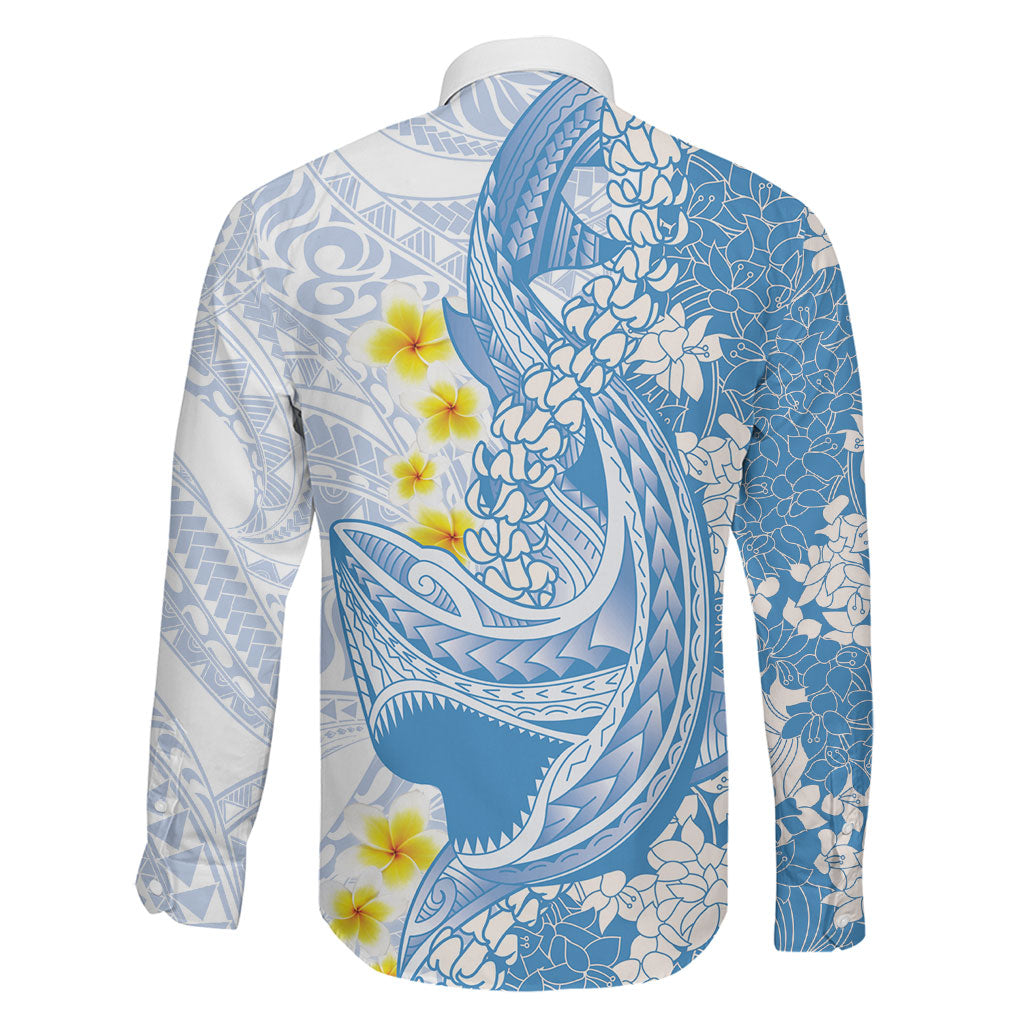 Blue Hawaii Shark Tattoo Family Matching Off Shoulder Maxi Dress and Hawaiian Shirt Puakenikeni Lei Plumeria Polynesian Pattern LT14 - Polynesian Pride