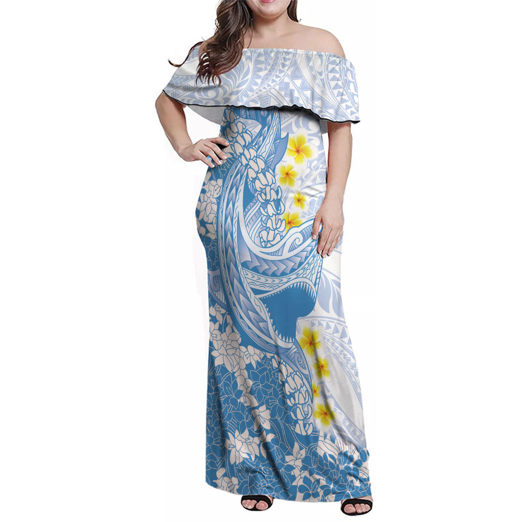 Blue Hawaii Shark Tattoo Family Matching Off Shoulder Maxi Dress and Hawaiian Shirt Puakenikeni Lei Plumeria Polynesian Pattern LT14 Mom's Dress Blue - Polynesian Pride