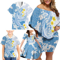 Blue Hawaii Shark Tattoo Family Matching Off Shoulder Short Dress and Hawaiian Shirt Puakenikeni Lei Plumeria Polynesian Pattern LT14 - Polynesian Pride