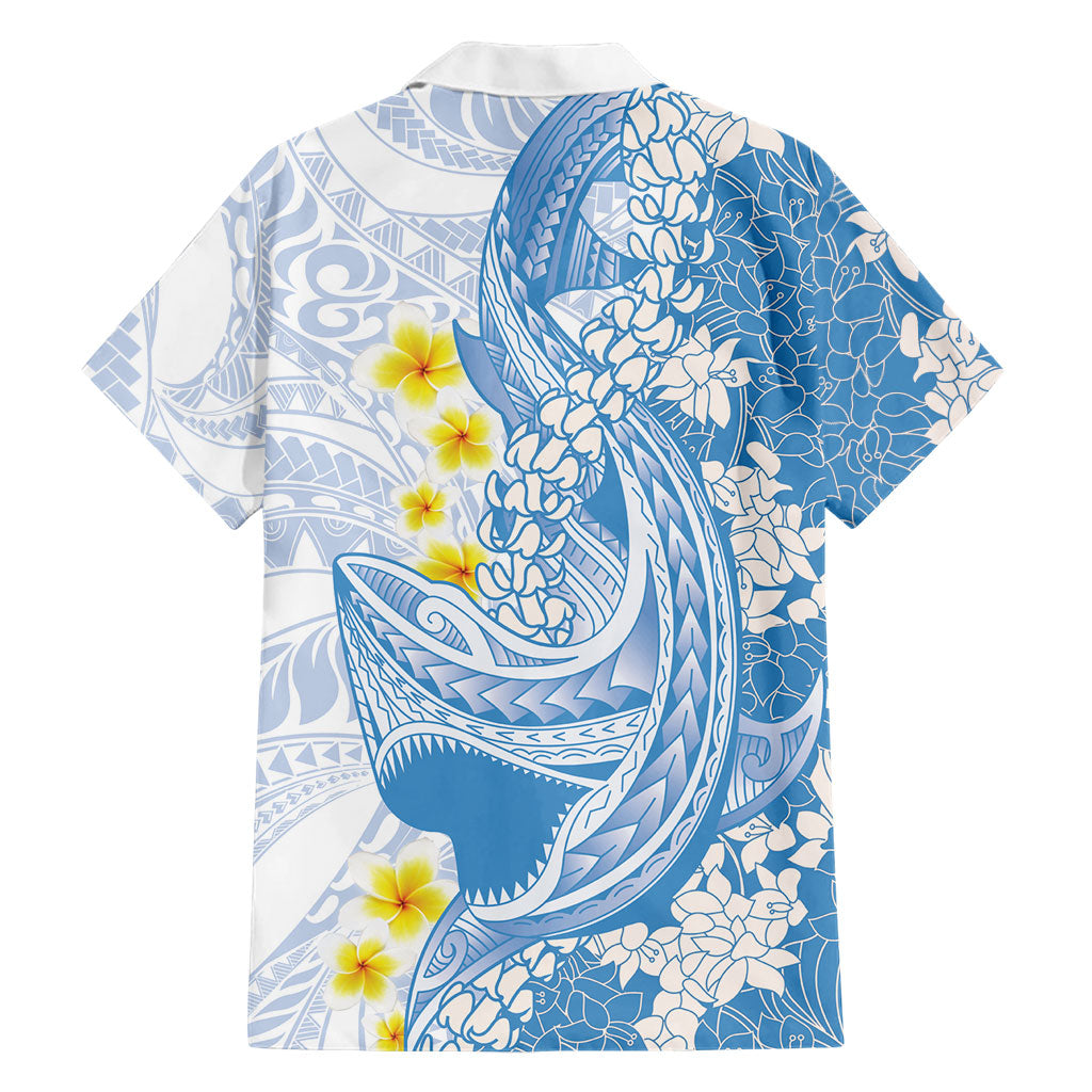 Blue Hawaii Shark Tattoo Family Matching Off Shoulder Short Dress and Hawaiian Shirt Puakenikeni Lei Plumeria Polynesian Pattern LT14 - Polynesian Pride