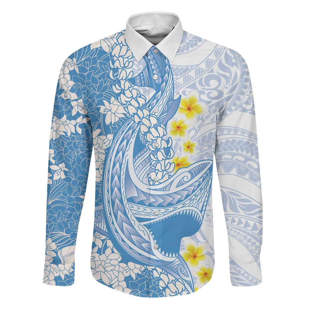 Blue Hawaii Shark Tattoo Family Matching Off Shoulder Short Dress and Hawaiian Shirt Puakenikeni Lei Plumeria Polynesian Pattern LT14 Dad's Shirt - Long Sleeve Blue - Polynesian Pride