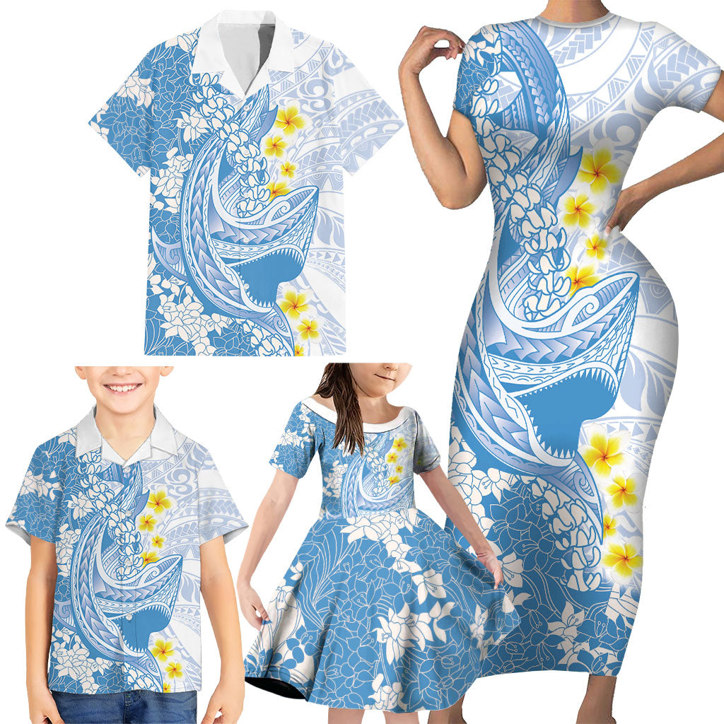 Blue Hawaii Shark Tattoo Family Matching Short Sleeve Bodycon Dress and Hawaiian Shirt Puakenikeni Lei Plumeria Polynesian Pattern