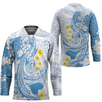 Blue Hawaii Shark Tattoo Hockey Jersey Puakenikeni Lei Plumeria Polynesian Pattern
