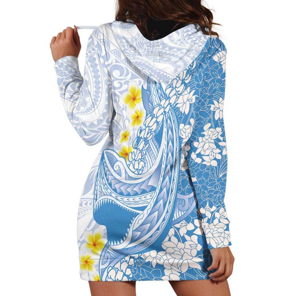 Blue Hawaii Shark Tattoo Hoodie Dress Puakenikeni Lei Plumeria Polynesian Pattern