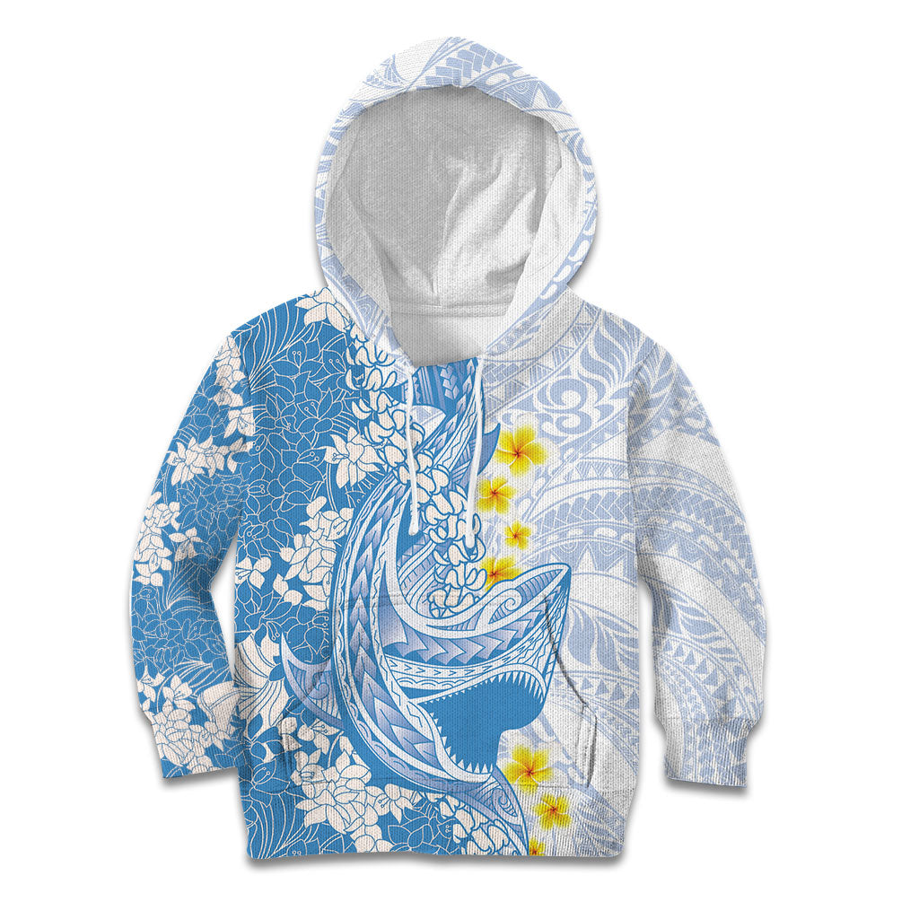 Blue Hawaii Shark Tattoo Kid Hoodie Puakenikeni Lei Plumeria Polynesian Pattern