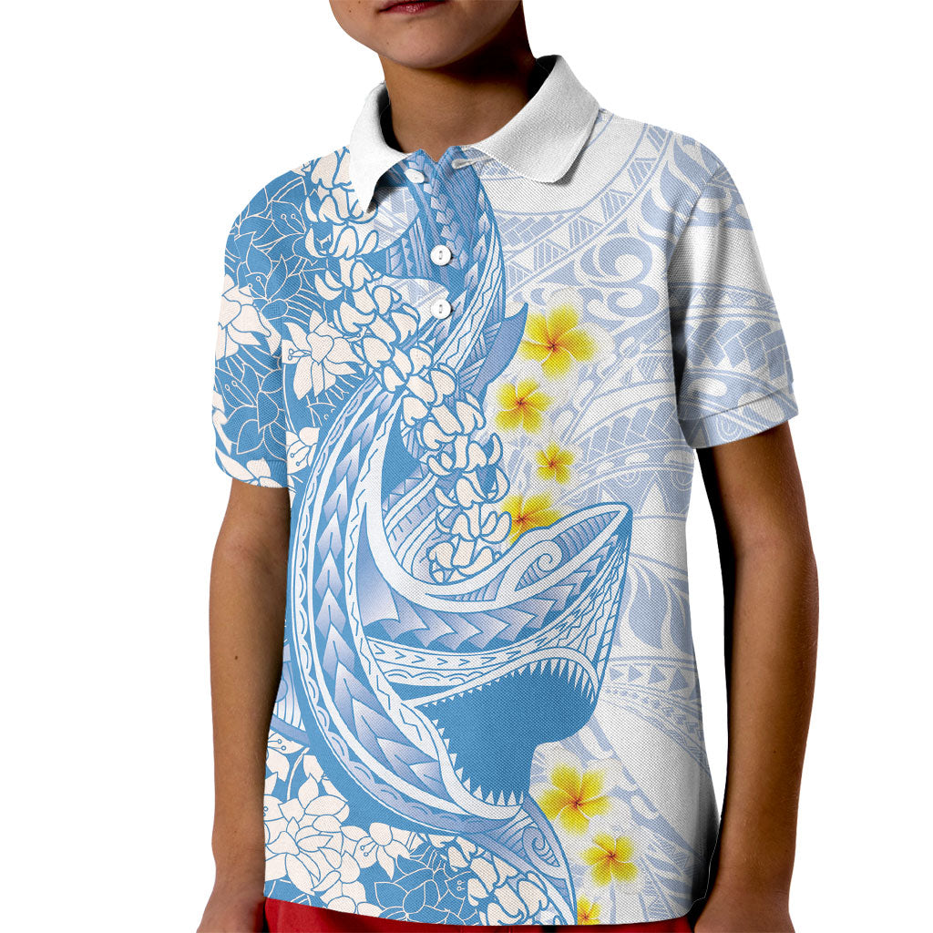 Blue Hawaii Shark Tattoo Kid Polo Shirt Puakenikeni Lei Plumeria Polynesian Pattern LT14 Kid Blue - Polynesian Pride