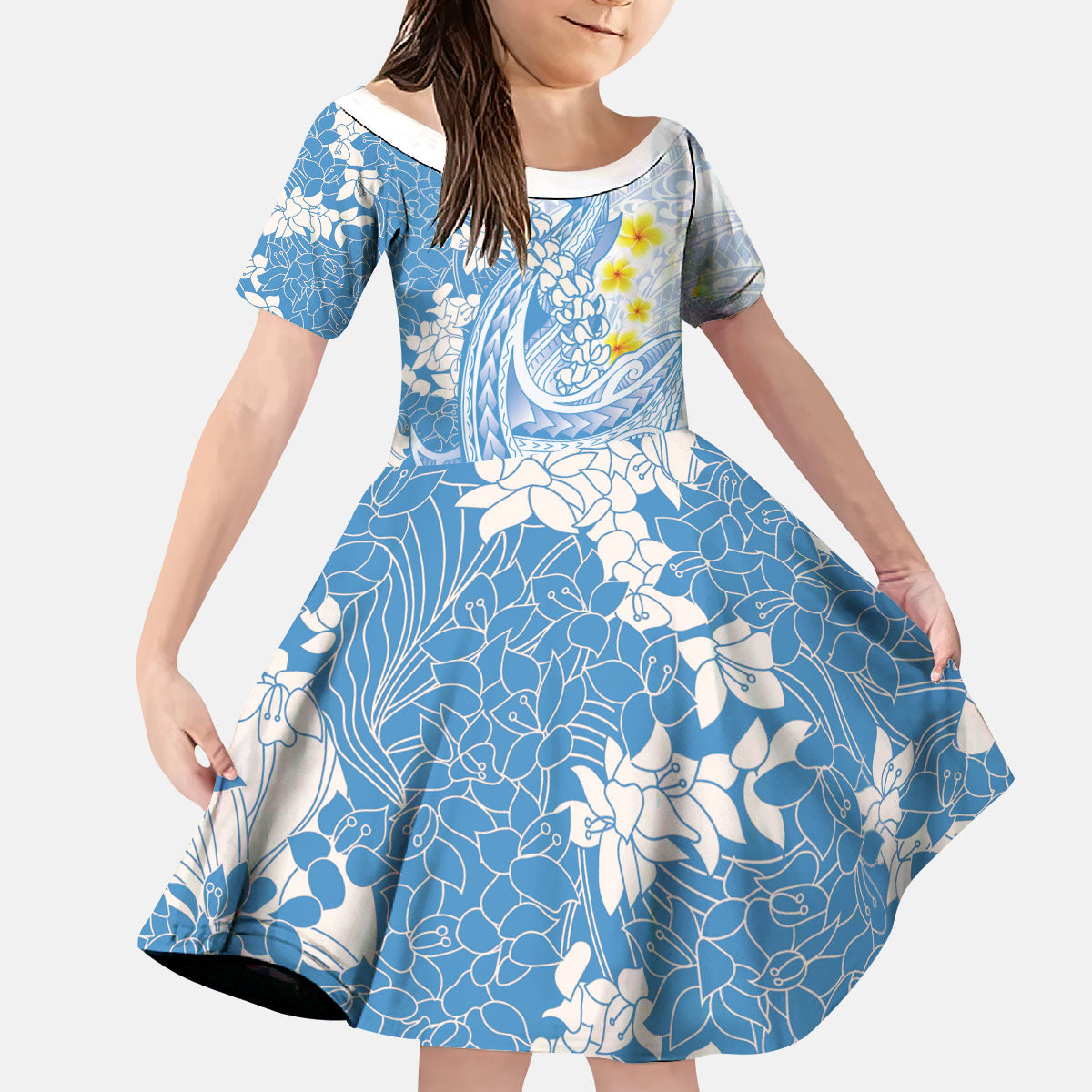 Blue Hawaii Shark Tattoo Kid Short Sleeve Dress Puakenikeni Lei Plumeria Polynesian Pattern