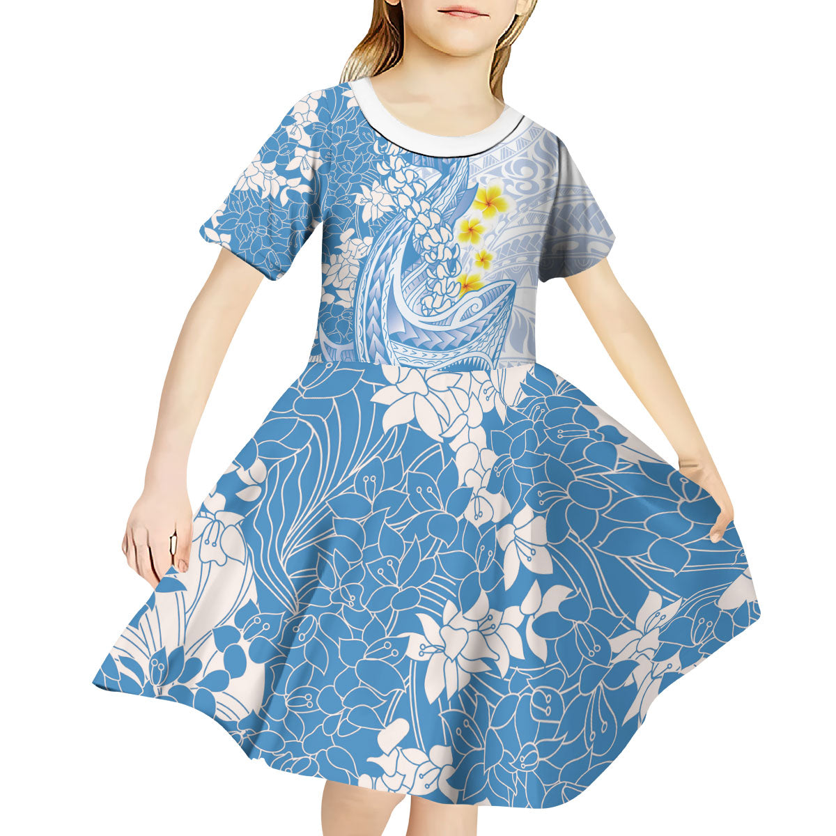 Blue Hawaii Shark Tattoo Kid Short Sleeve Dress Puakenikeni Lei Plumeria Polynesian Pattern